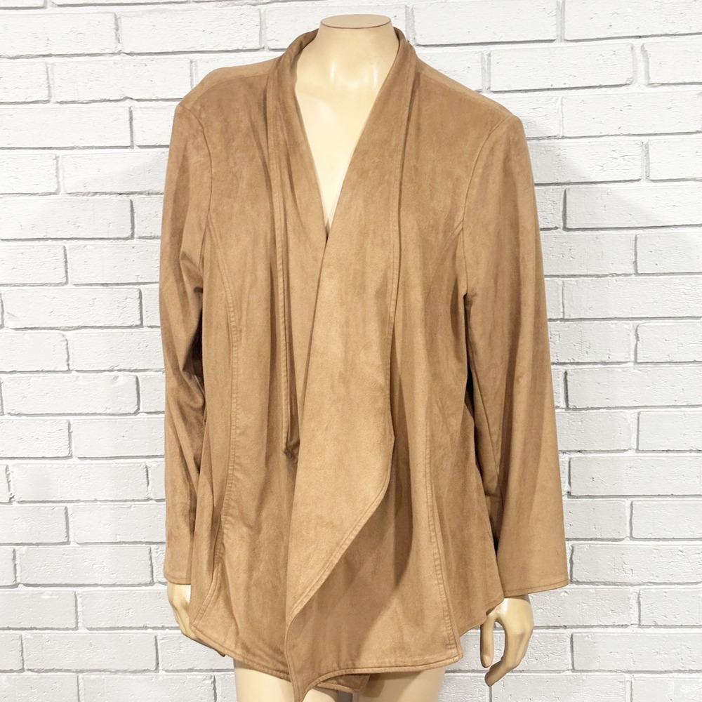 JM Collection Woman Camel Tan Faux Suede Draped Open Front Jacket Plus Size 3X
